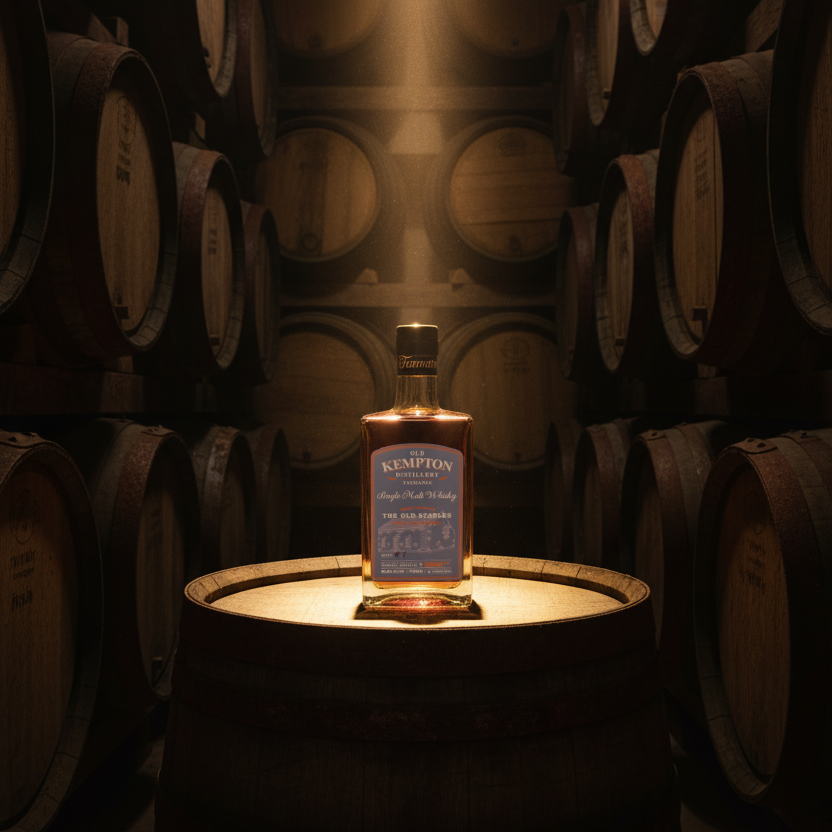 OKD The Old Stables on a barrel in a dimly lit whisky cellar